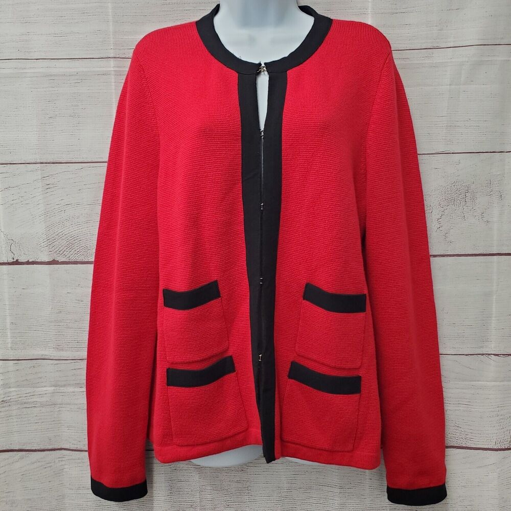 TALBOTS Women Red Black Trim Knit Sweater Cardigan Jacket Large Hook Close READ